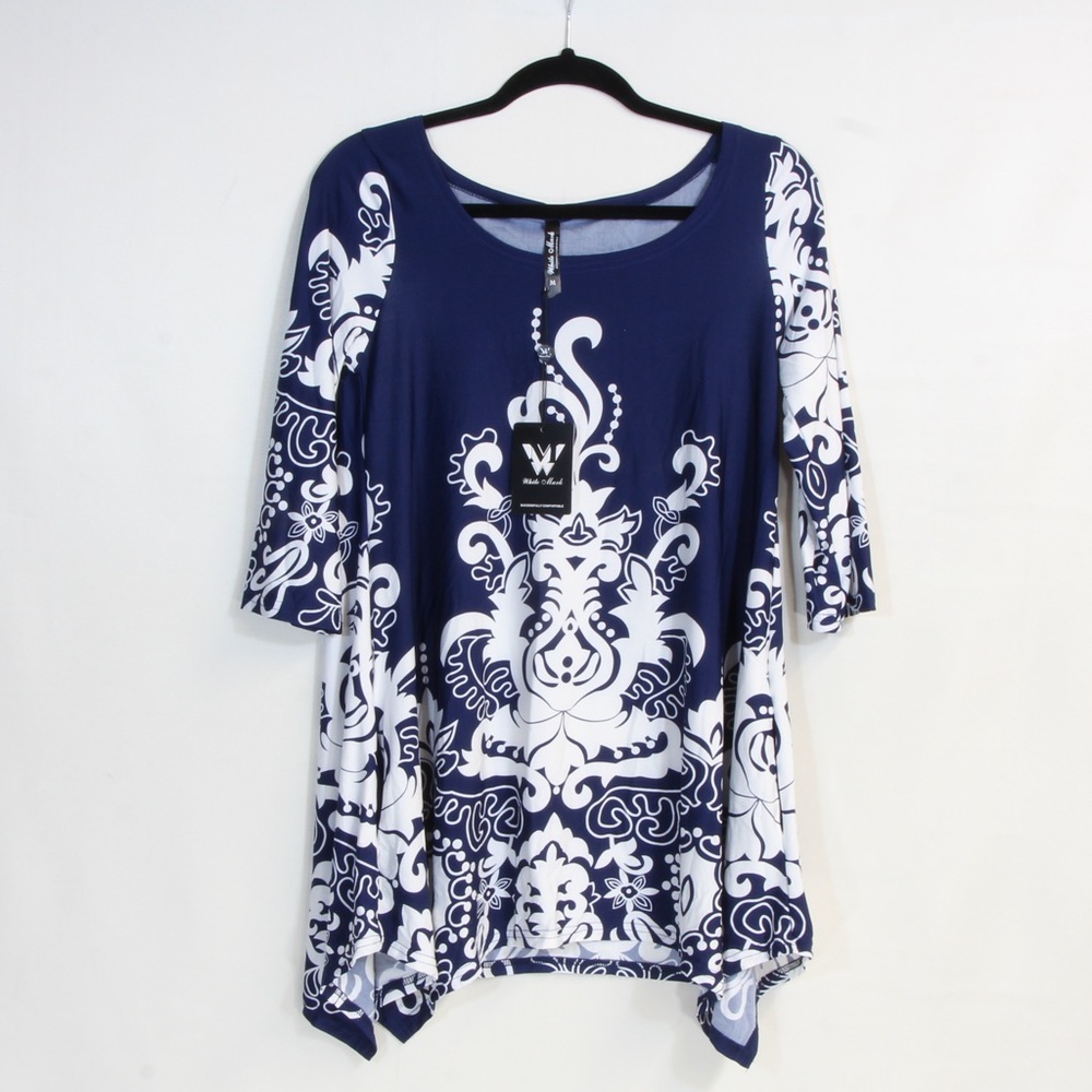 White Mark Women's Navy Blue & White Yanette Tunic Top Size Medium NWT